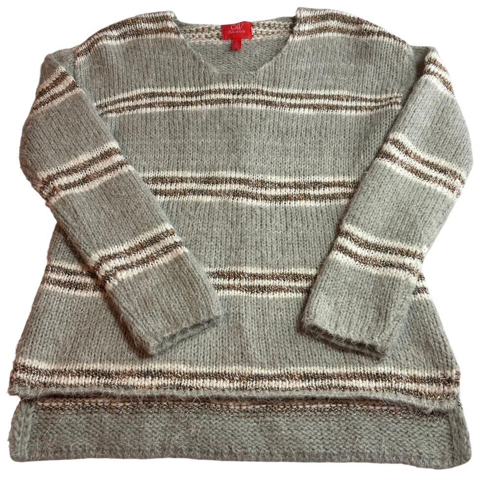Chelsea & Violet Knit Gray Stripe Fuzzy Sweater Womens Size Large Cozychic